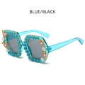 Occhiali da sole esagonali azzurri con montatura decorata con cristalli e fiori - Blu/Nero