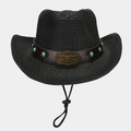 Détail d'un chapeau de paille western avec boucle tête de taureau et perles turquoise - Noir