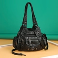 Sac à main rétro noir multi-poches en cuir lavé avec rivets métalliques argentés - Noir