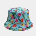 Close-up of sky blue reversible bucket hat featuring vibrant floral tulip patterns - One Size / 17# Sky Blue With Color Tulips