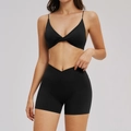 Black brushed yoga set with thin strap sports bra and high waist cross waist shorts - S / Premium Black