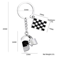 Mini silver 3D motorcycle helmet keychain with checkered flag and dimension labels - X-737 Silver Helmet & Racing Flag Set