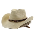 Chapeau de cowboy en paille pour femme avec large bord, ruban marron et plume décorative - M(56-58cm) / Beige