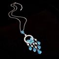 Silver luxury butterfly necklace featuring blue teardrop zircon tassels and crystals - Necklace - Silver - Blue