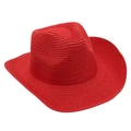 Detailed close-up showing the fine spiral weave of a red straw cowboy hat for sun protection - Red