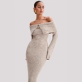 Elegant oatmeal knit maxi dress featuring an off-shoulder neckline with metal buckle - S / Grey Apricot