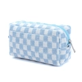 Knitted checkerboard makeup bag in blue and white patterns with secure zipper closure - Blue White Checkered