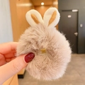 Khaki plush scrunchie featuring decorative white rabbit ears and golden embroidery detail - 1128H Dusky Pink Bunny Ears Plush Scrunchie