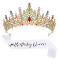 Luxurious colorful crystal crown and white Birthday Queen sash set for birthday parties - Colorful JD013 Tiara Sash Set