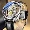 Automatic skeleton mechanical watch with silver steel case and black leather strap - Black Strap Black Dial