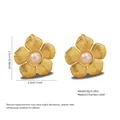 Golden stainless steel flower earrings with brushed texture and pearl center - Stainless Steel Pearl Brushed Flower