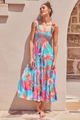 Detail of bohemian floral print dress with ruched bust and tie-up straps for summer - Orange Red