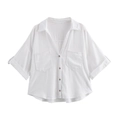 Chemise blanche à manches courtes en coton et lin avec col en V et deux poches - XS / Blanc