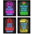 Set of four neon gaming wall art prints featuring retro bricks and controller graphics - 20x25cm / Set of 4 (Canvas Only)