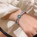 Elegant double-strand grey pearl bracelet with a round blue gemstone and zircon heart - Silver/Double Layer Grey Beads
