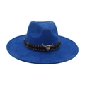 Royal blue wide brim fedora hat with ethnic band and metal bull head ornament - Colorful Bull Head Ornament / Sapphire Blue