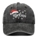 Casquette en coton délavé gris foncé avec broderie Believe et motifs de Noël - Noir