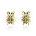 Detailed view of gold-plated beetle earrings with amber and black cubic zirconia stones - Gold-Beetle-Brown