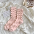 Pink thick cable knit crew socks in warm cozy fabric for autumn and winter home wear - One Size / Sakura Pink