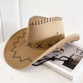 Cappello da cowboy western kaki con cuciture decorative nere e laccio antivento regolabile - L (58-60cm) Adulti / Cammello