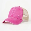 Adjustable rose pink washed cotton trucker hat with mesh back and embroidered smiley face - Adjustable / Rose Red