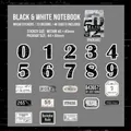 Vintage black and white paper stickers with retro numbers and label designs, 46 pieces - Black and White Notes