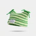 Striped green and white crochet cat ear beanie with decorative bows and handmade tag - M (56-58cm) / Light Green + Light Yellow