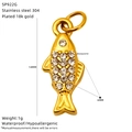 Macro view of 18k gold plated stainless steel fish pendant with clear zircons - Gold Little Fish Style B (SP922G)