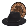 Black wide brim wool fedora hat featuring leopard print lining and silver punk metal studs - M (56-58cm) / Black