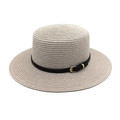 Detail of flat top straw boater hat with black faux leather band and gold buckle - M (56-58cm) / Light Gray