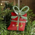 Hand-painted metal Christmas stocking ornament with green bow and golden bells hanging on tree - Red Gift Box Charm