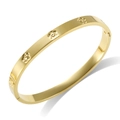 Gold stainless steel floral hinged bangle with embossed flower and heart patterns - Gold Color Etched Flower