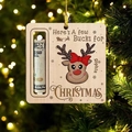 Detail of wooden reindeer ornament showing cash holder slot on a festive Christmas tree - Log Style Reindeer (Style 18)