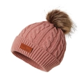 Winter cable knit beanie for kids in dusty pink with a brown faux fur pom-pom - Hat / Dusty Pink