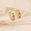 Golden hoop earrings with colorful diamond-shaped enamel inlay in pink and blue - Pink Blue Cream Geometric Pattern(3#)