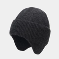 Close-up of dark grey knitted beanie with vertical ribbed texture and ear protection - One Size / Dark Gray