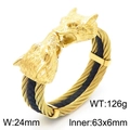 Men's gold steel wire leather bracelet with double wolf heads and black texture - Gold