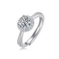 Macro detail of six-prong moissanite ring showing brilliant round cut and silver halo setting - Adjustable Open / Halo Style (R13162-6.5mm/1 Carat)