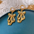 French vintage style golden bow earrings with pearls and delicate brushed metal texture - Silver Earring Post Pearl Bow Earrings
