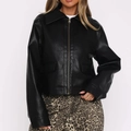 Giacca corta in pelle PU nera da donna con zip e colletto a rever stile biker - S / Nero