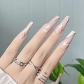 Long ballet marble press-on nails with pink base, white waves, and golden metallic lines - Pink Marble Gold Line Style (CBLCY-65) / Glue Type