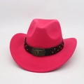 Detail of rose red cowboy hat with bull head metal buckle and studded leather band - One Size / Rose Red (Rivet Bull Head)
