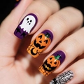 Halloween Kunstnägel zum Aufkleben mit Kürbis Geist und Spinnennetz auf langen eckigen Nägeln - Lila Geist Kürbis Spinnennetz Design (CW762)