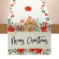 Christmas table runner featuring gingerbread house and red bow design on linen-like fabric - Beige Gingerbread House Flower (ZQ28-2)