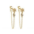 Elegant gold flower stud earrings with sparkling cubic zirconia and delicate tassel chains - Gold