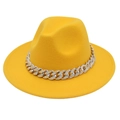 Close-up of bright yellow fedora hat featuring a chunky silver rhinestone chain band - M (56-58cm) / Yellow