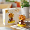 Autumn maple tree building blocks set with glass dust cover and warm yellow base display - Autumn Leaf Tree House / 280pcs/With Transparent Cover