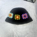 Black handmade knit bucket hat with colorful crochet flower patterns for women - M (56-58cm) / Black Dopamine Basin Hat