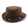 Dark brown wool pork pie hat with black studded leather band and turquoise accents - M (56-58cm) / Coffee