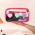Transparent PVC toiletry bag with rose red trim and colorful plush heart patches - Pink Heart
